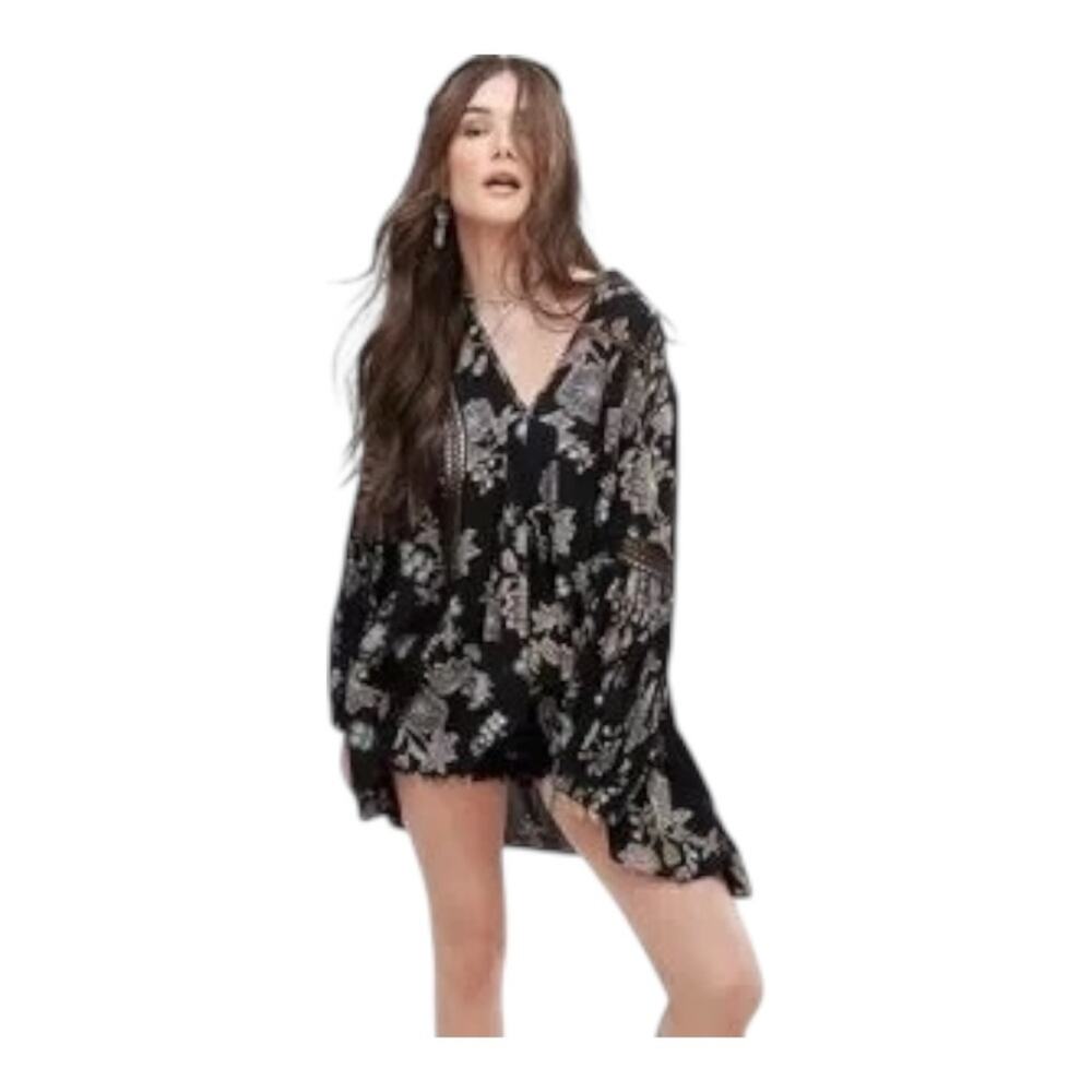 Free People Just The Two Of Us Floral Boho Tunic Top Black Oversized Small